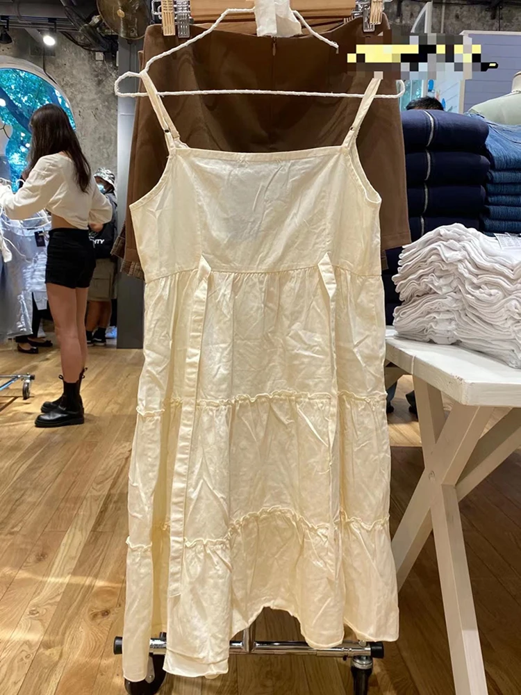 Y2K Casual Women White Front Buttons Lace Spliced Sling Dress 2024 Summer Vintage Square Collar Sleeveless Female Chic Bottoms