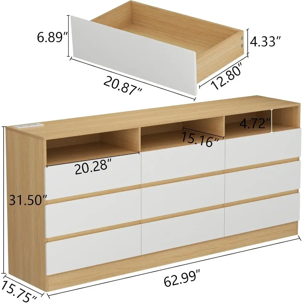 For 9 Drawers Dresser, White Drawer Dresser with Power Outlet, Accent Chests of Drawers with LED Light, Modern Storage Dresser