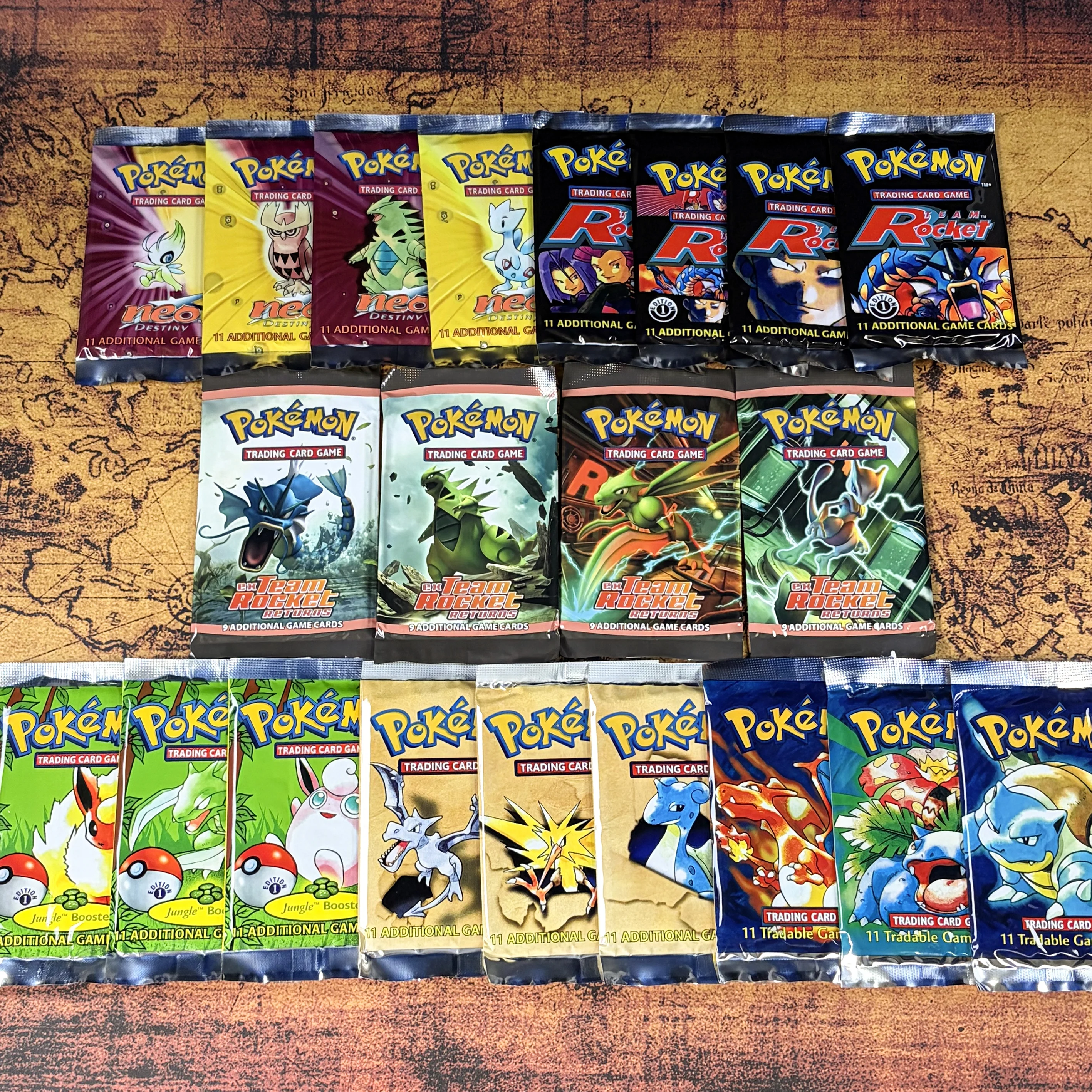 Packs de boosters scellés vintage PTCG : Destiny/Team Rocket/EX Returns Expansion/Base Set/Jungle/Fossil PKM – Cartes à collectionner