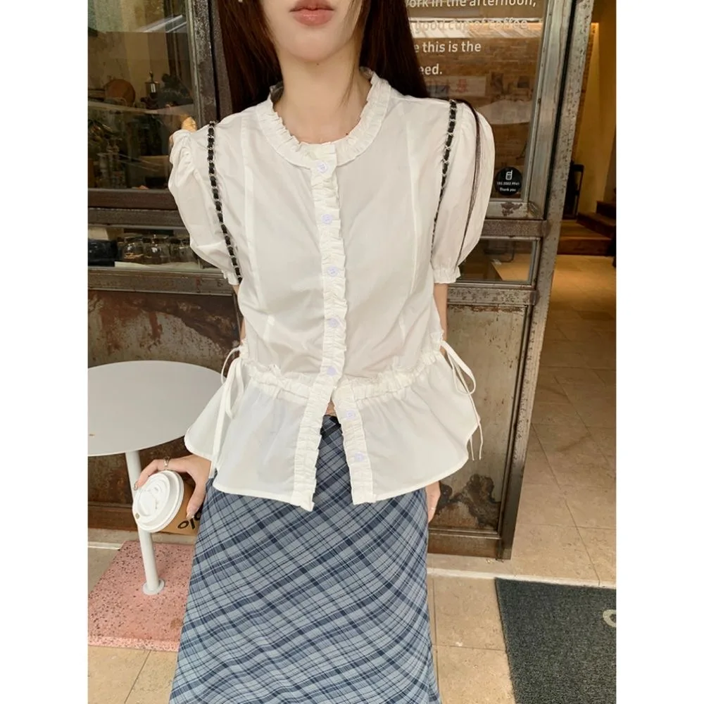 

Kimotimo Elegant Fungus Edge Short Sleeve Shirt Women 2025 Summer Round Neck Lace Up Waist Tops Sweet Fashion Versatile Blouse