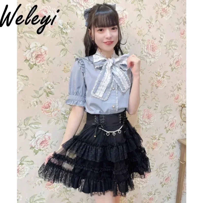 Kawaii Lolita Skirt Japanese Fashion Mass Production Line Front Placket Cake Faldas Bow Hip Covering Irregular Soft Sister Jupes