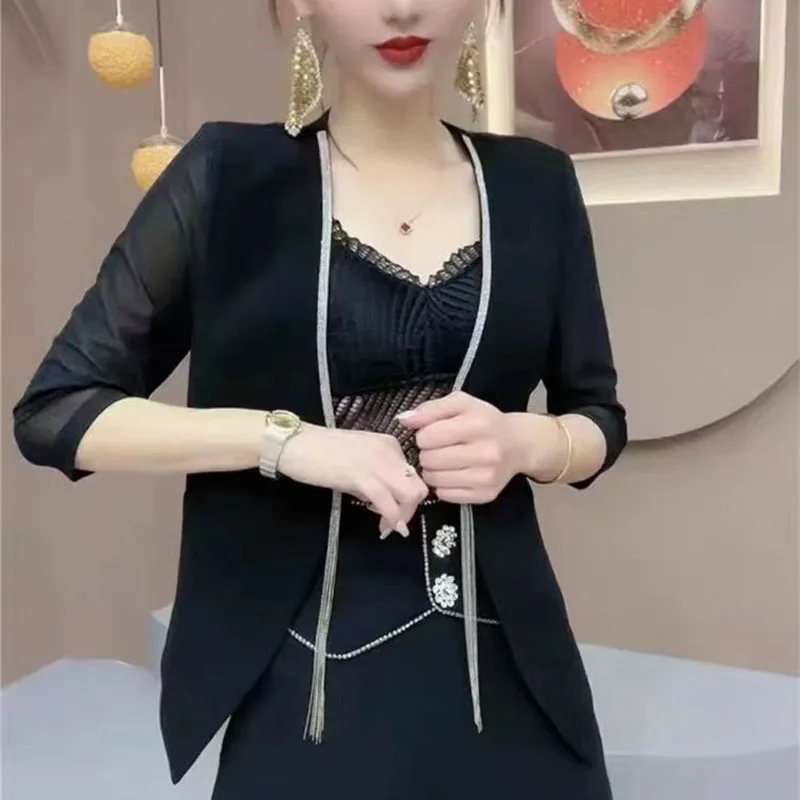 White Blazer 2024 Spring/Summer New Slim Fitting Mesh Shawl Three-Quarter Sleeve Thin For Women No Buckle Cardigan Outwear Black