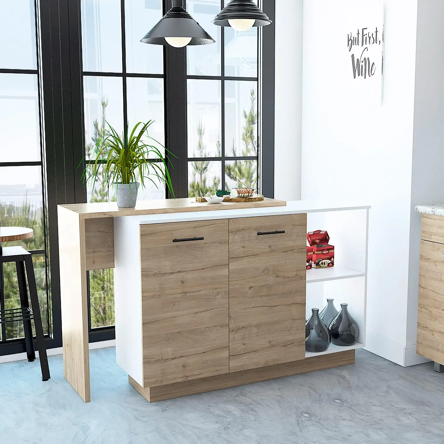 Sicilia Kitchen Island, Two  External Shelves, Double Door Cabinets, Three Shelves White / Light Oak