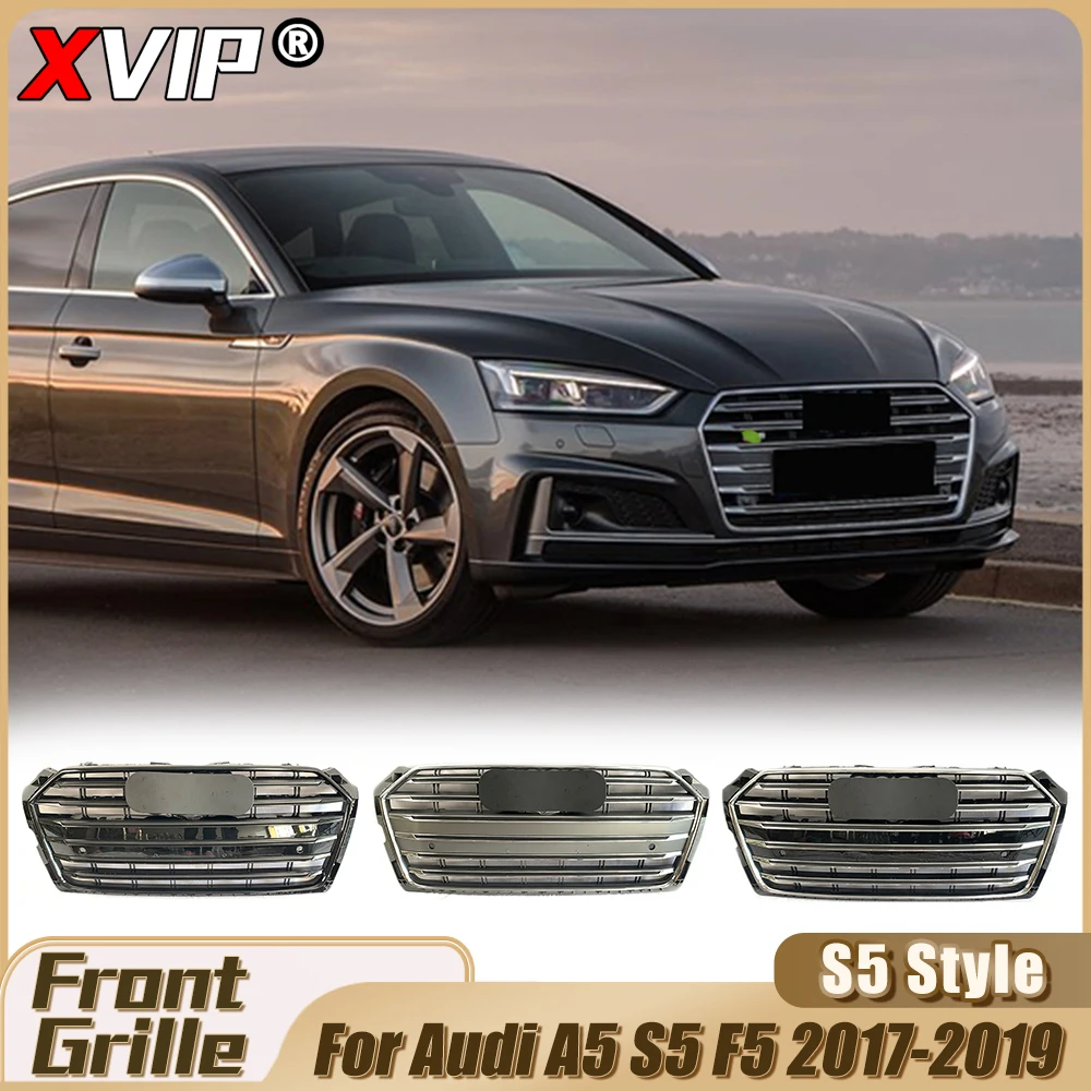 

XVIP Chrome S5 Style Upper Grilles With Chrome Ring For Audi A5 S5 F5 17-19 Glossy Black S5 Style Bumper Grille Car Accessories