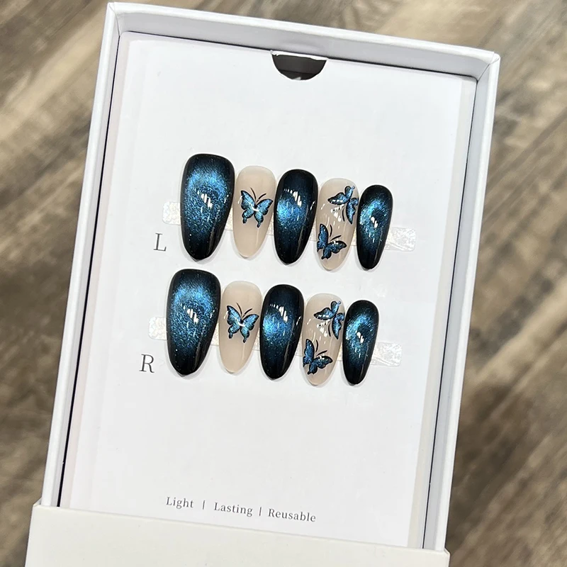 

Handmade Blue Cat Eye Butterfly Decoration Press on Nails Almond Fake Nail Tips Wearable Reusable Full Cover Girls False Nail
