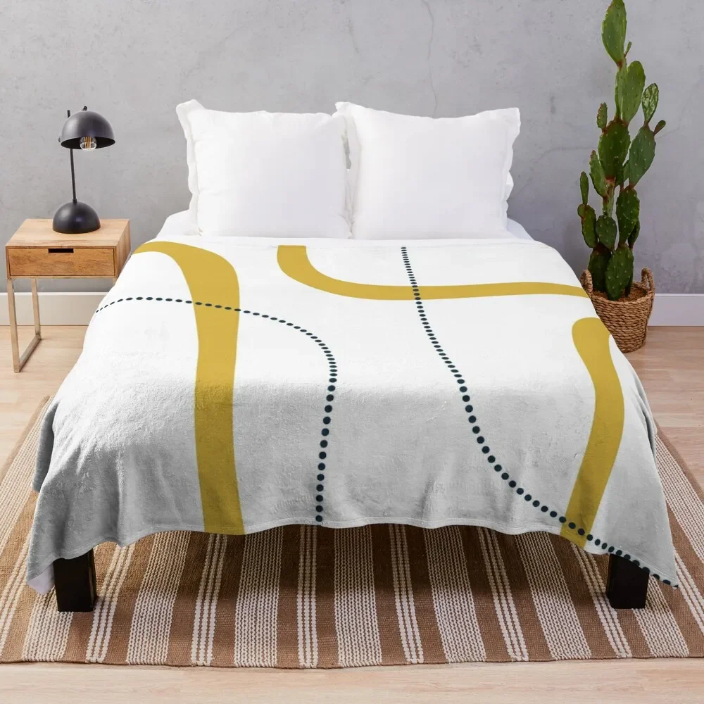 

Midcentury Modern Mustard Loops Minimalist Pattern with Navy Blue Dots on White Throw Blanket Baby bed plaid Plush Bed Blankets