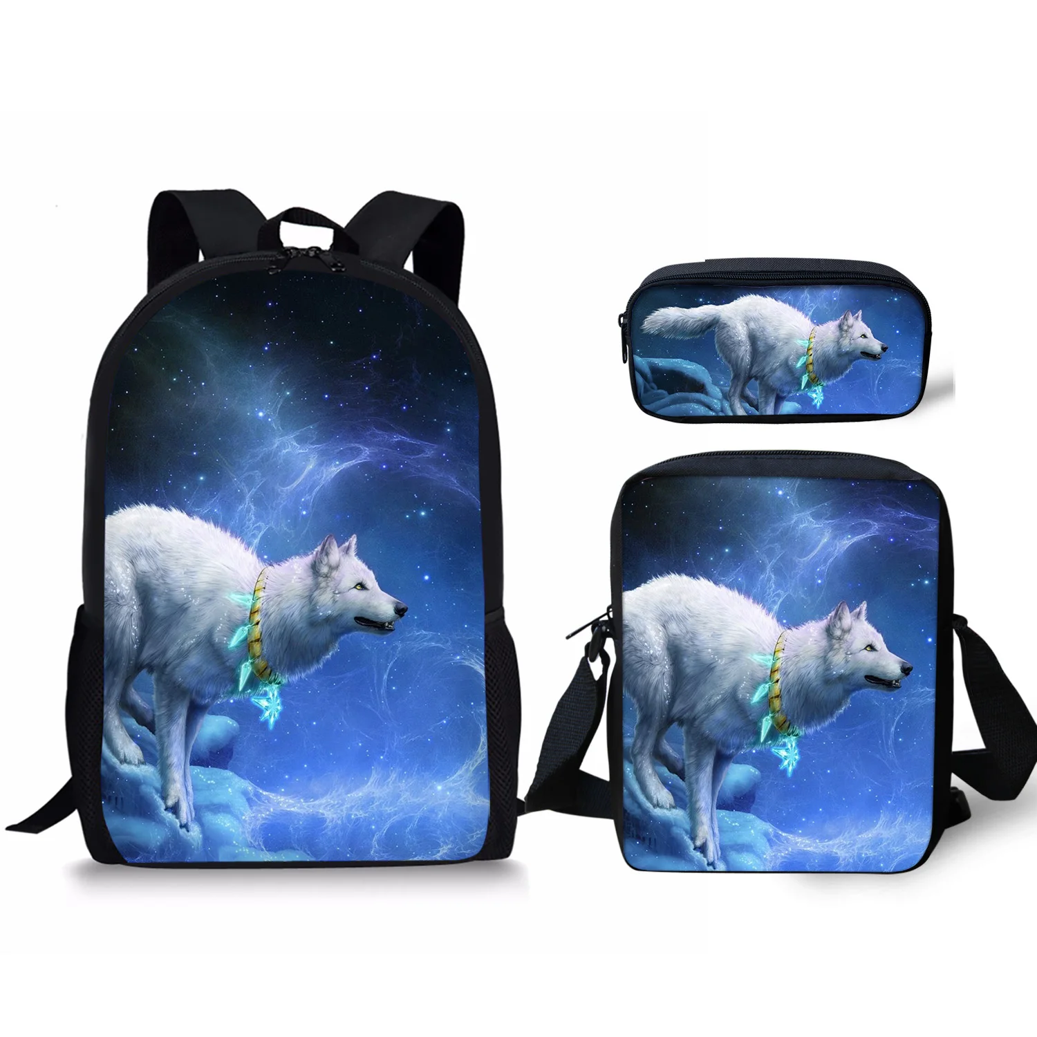 Cool Wolf on The Moon Pattern 3 Set School Bag Lightweight Backpack for Teen Boys Girl Casual School Bag Lunch Bag Pencil Case