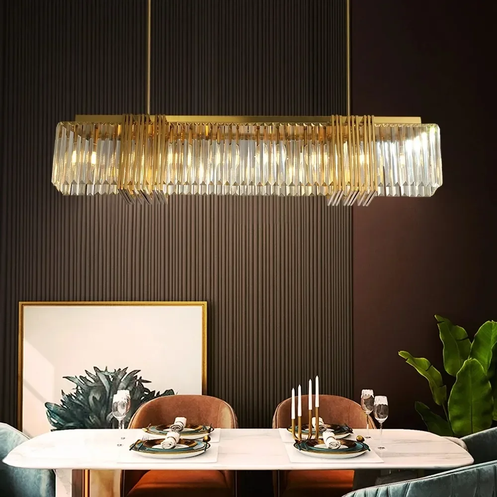 

Modern Rectangle Crystal Chandelier Luxury Cristal Hanging Lights For Dining Room Home Brushed Gold Kitchen Island LED Luminaire