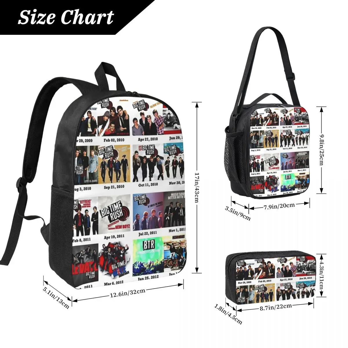 Big Time Rush Band Famous Pictures Logo Backpack Student Boys Girls BookBag School Bag 3ps Insulated Lunch Bag Pencil Case