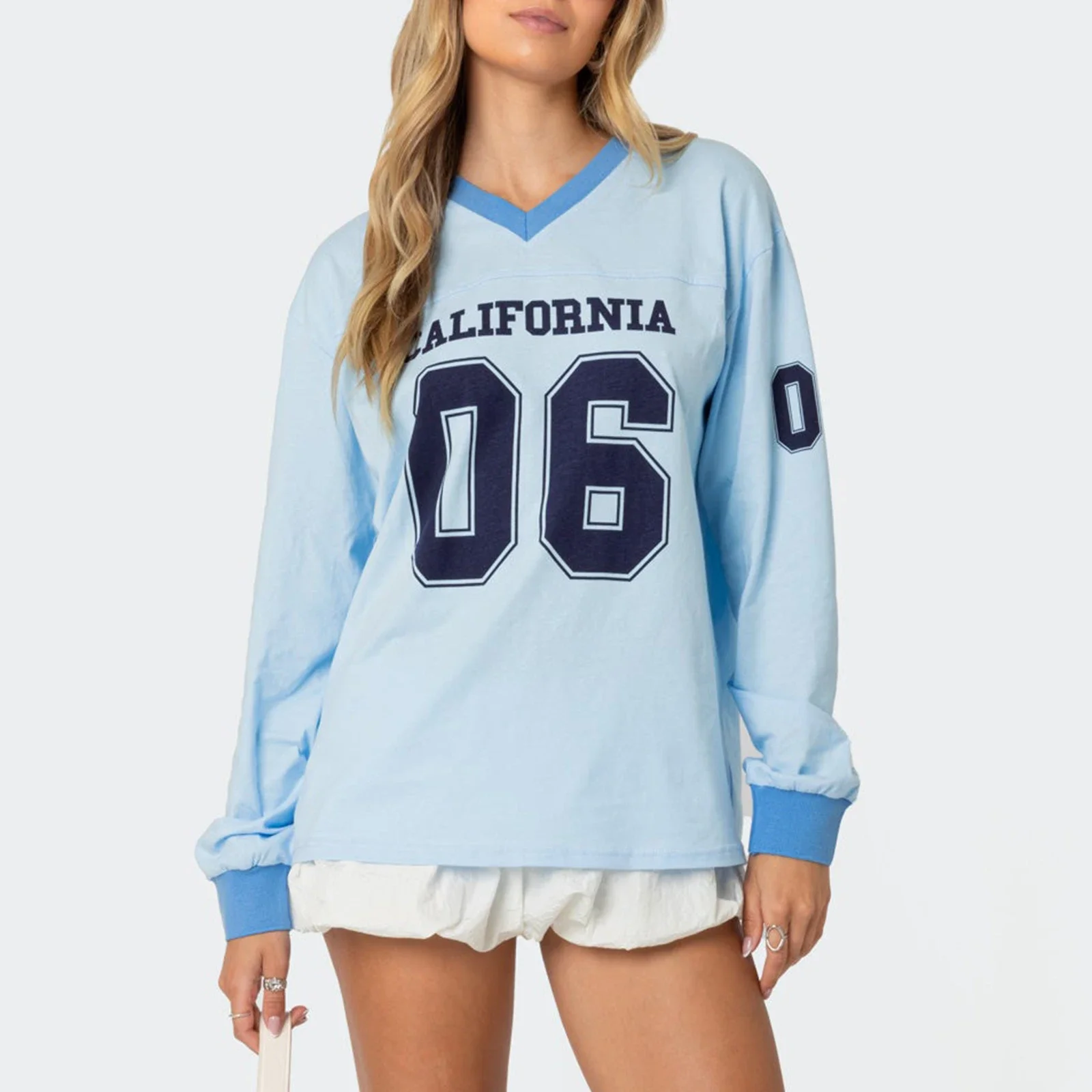 Sudadera de gran tamaño con estampado de letras y números para mujer, jersey informal de manga larga con cuello en V, moda