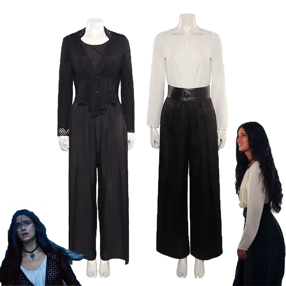 

Yennefer Cosplay Women Costume Outfits Black White Shirt Pants Belt Set Female Disguise Halloween Carnival Party Roleplay Suit