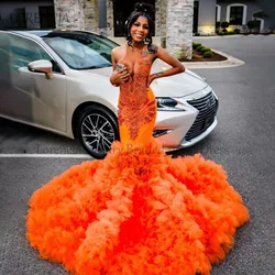 Sparkly Orange Mermaid Prom Dresses Black Girl 2024 Ruffle Luxury Crystal Beaded Evening Party Gowns Sleeveless robe chic soirée