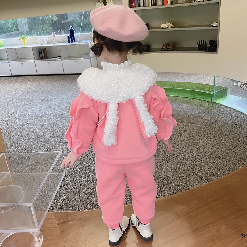 Children Winter Clothing Sets for Baby Girls Coats Pants Cartoon Rabbit Kids Clothes Outfits Thickened Plush Infant Tracksuits