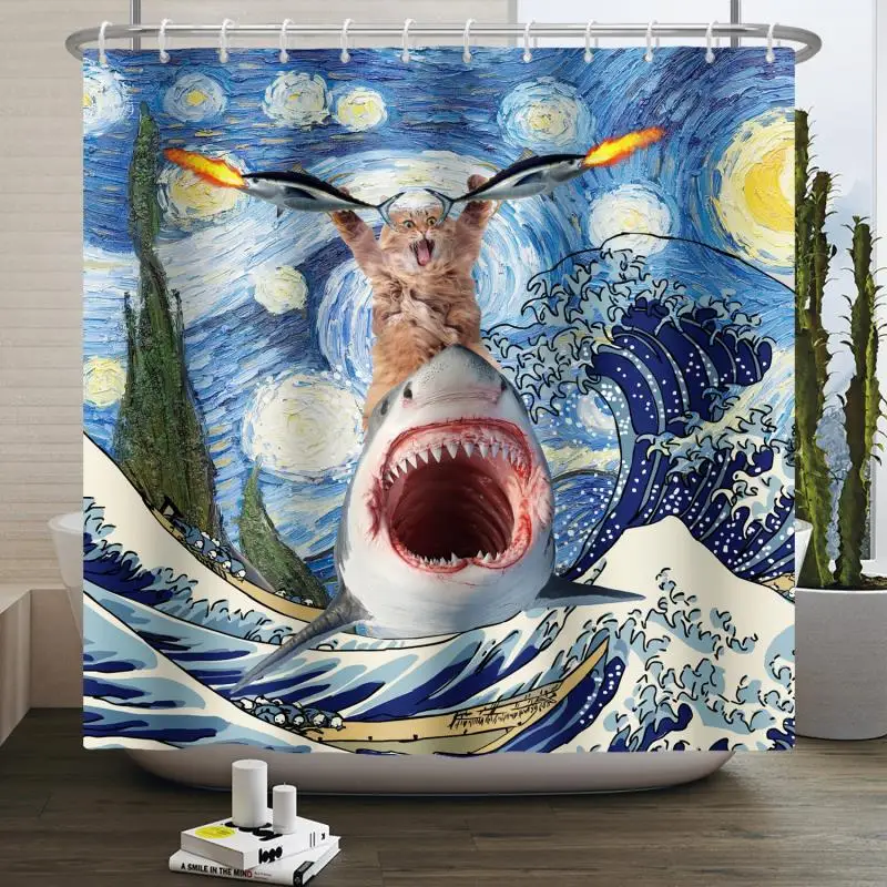 Hero Great White Shark With Gun Cat Funny Shower Curtain For Bathtub Cover Bathroom Cover Bathing Extra Large Wide 12pcs Hooks