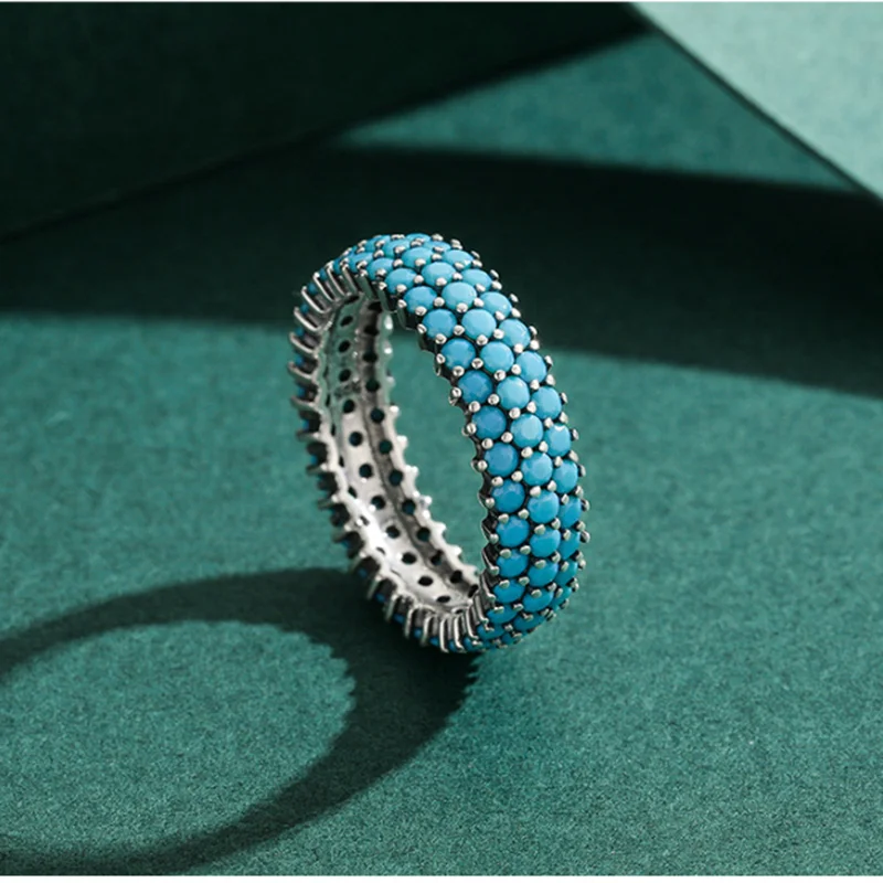 Genuine 925 Sterling Silver Turquoise Finger Rings for Women Girls Luxury Retro Bohemian Style Ring Fine Party Birthday Jewelry