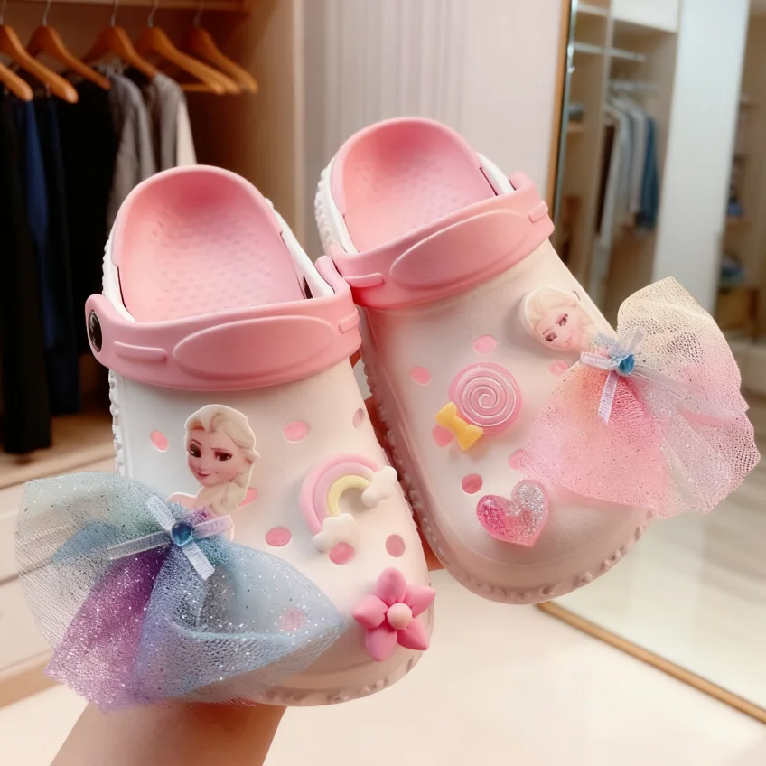 

Тапочки для девочек Disney, летние детские туфли принцессы Эльзы для девочек, летние тапочки «Холодное сердце», синие, розовые туфли, размер 24-40