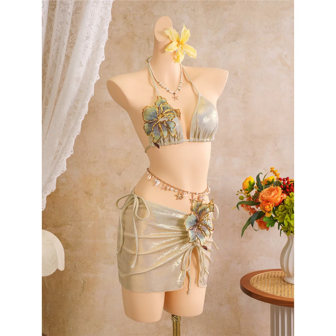 3D-Blumen mit Rock, Neckholder-Bikini, Damen-Badebekleidung, dreiteiliges Bikini-Set, gepolsterter Badeanzug, Badeanzug, Schwimmbekleidung V8368 – Detail 7