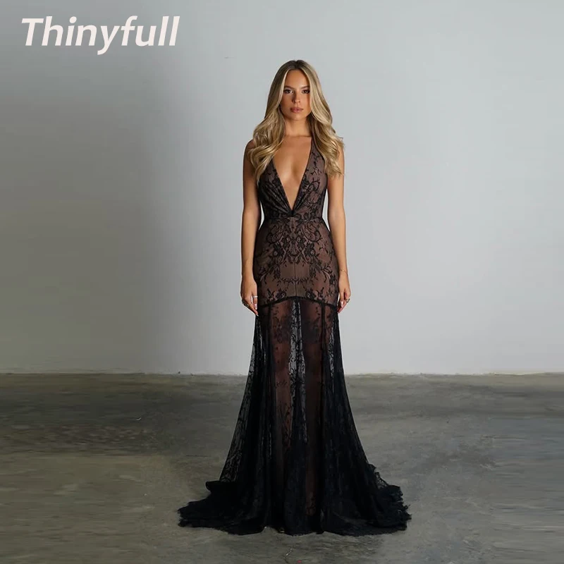 

Thinyfull Mermaid Lace Prom Dress Halter Sleeveless Arab Evening Dresses Long Formal Occasion Gown Robe De Soirée Customized