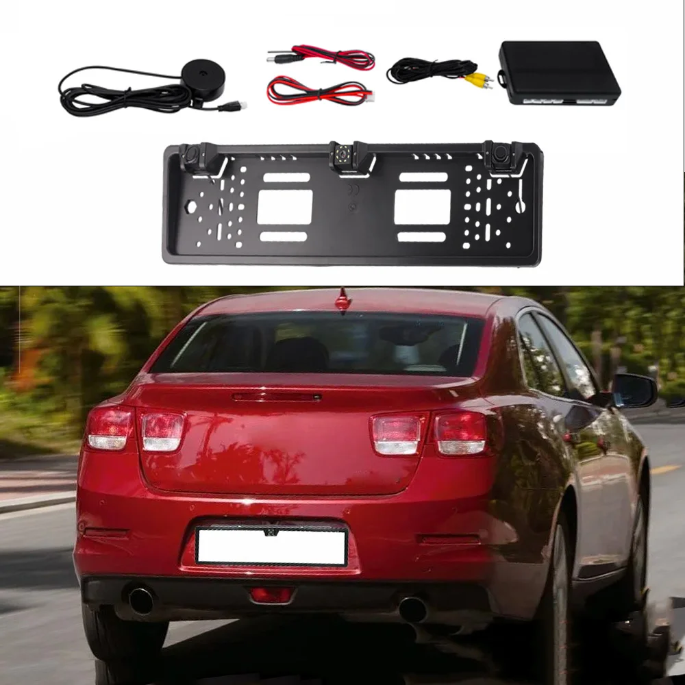 

4/8/12 LED European License Plate Frame with Backup Camera 12V Car Rear View Camera With Radar Sensor Black ﻿
