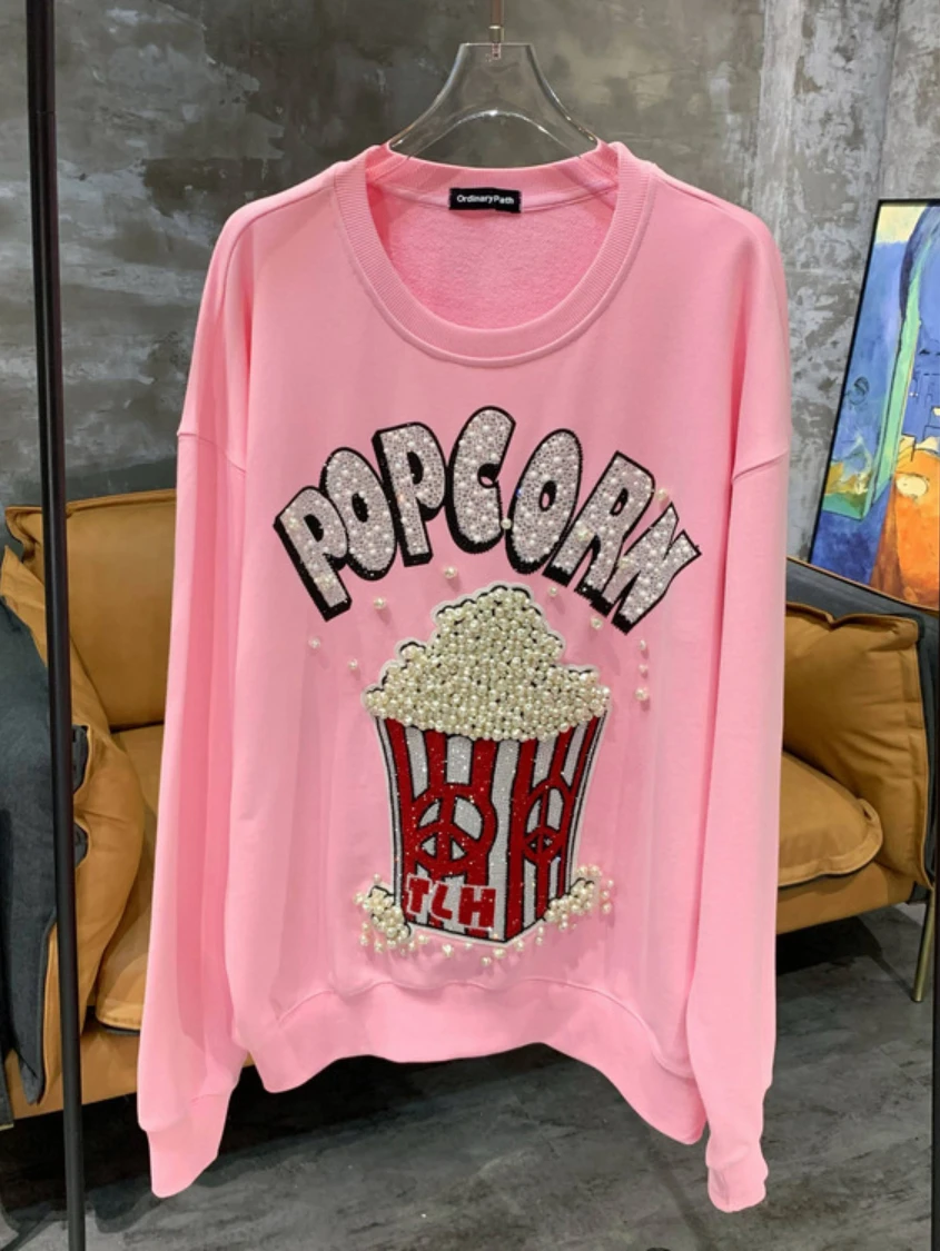 Spring and Autumn New Fashion Brand Round Neck Long-Sleeved Sweatshirts Women's Pearl Popcorn Pink Loose Pullover Hoodie Coat