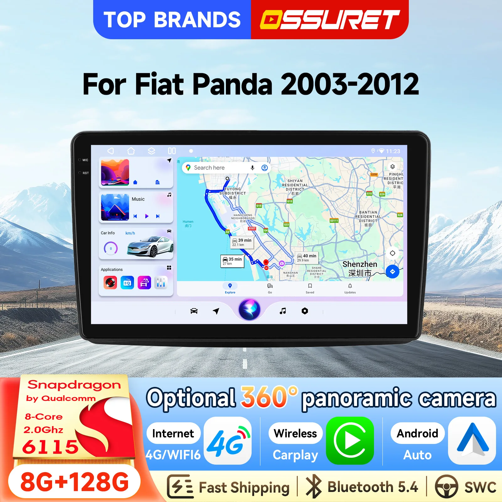 OSSURET Promotion exceptionnelle Autoradio 2DIN 9 pouces Android 14 avec GPS pour Fiat Panda 2003-2012, Unité centrale basée sur Snapdragon 6115, CarPlay sans fil, Android Auto, Commandes au volant, Octa Core, DSP, 4G LTE, Wifi, Bluetooth, Lecteur audio-vidéo pour voiture, Optionnel 360 °   Caméra Lecteur Multimédia de Voiture