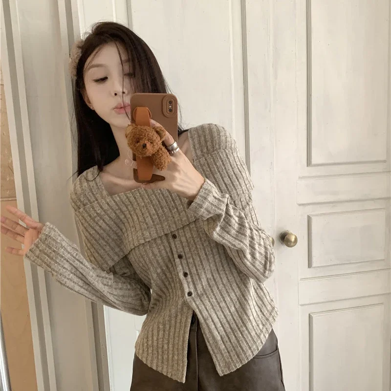 Y2K Pink Women T Shirts Korean Sweet Knitted Long Sleeve Women Casual Tops Autumn New All Match Square Collar Ladies Crop Tops