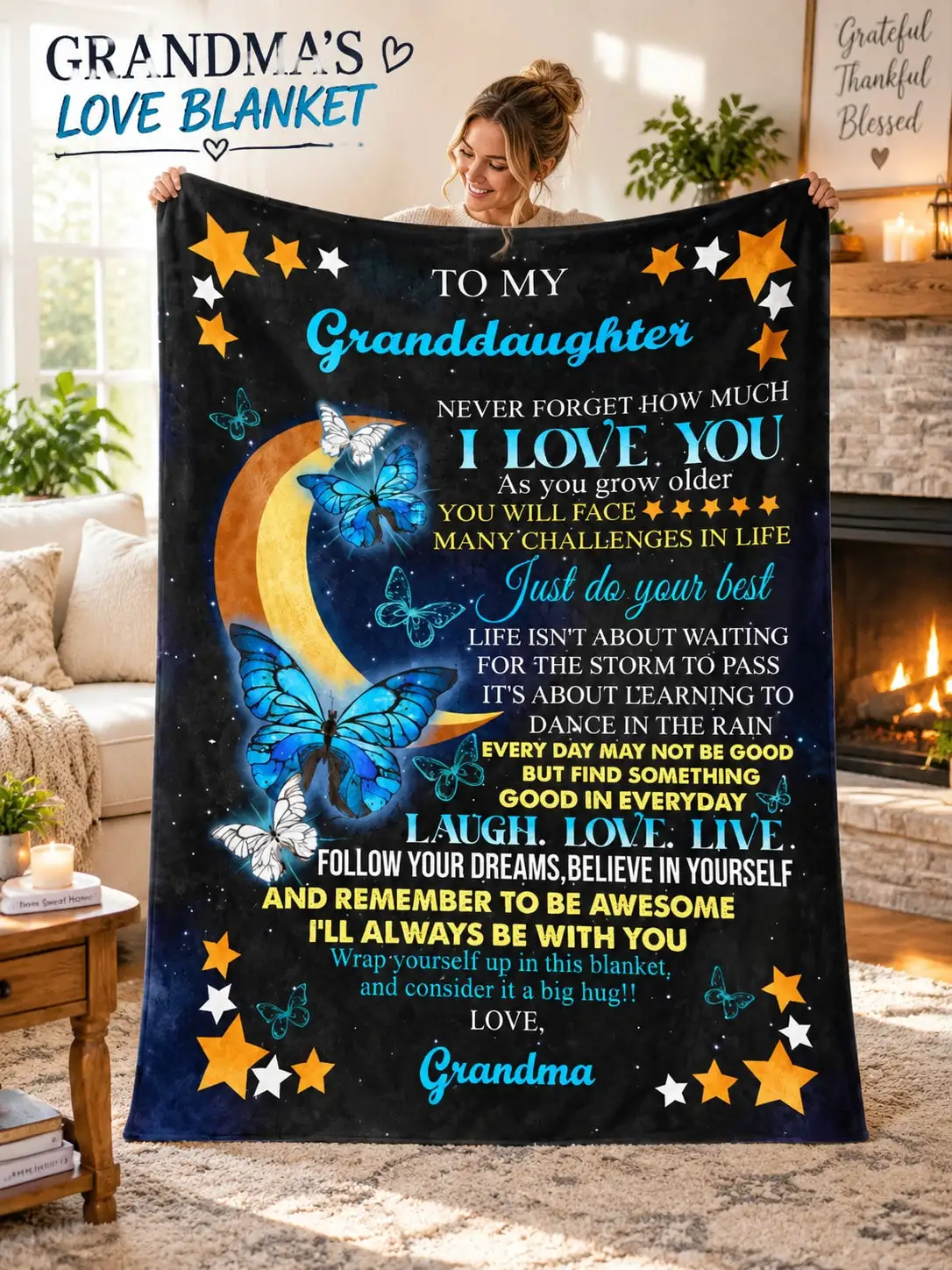 Granddaughter Flannel Blankets & Throws Moon Butterfly Star Encouragement Message Gift From Grandma for Birthday Christmas Thanksgiving Anniversary Couch Bed Bedroom Home Travel Reading Office Dorm Camping Holiday Keepsake Family Present Decorative
