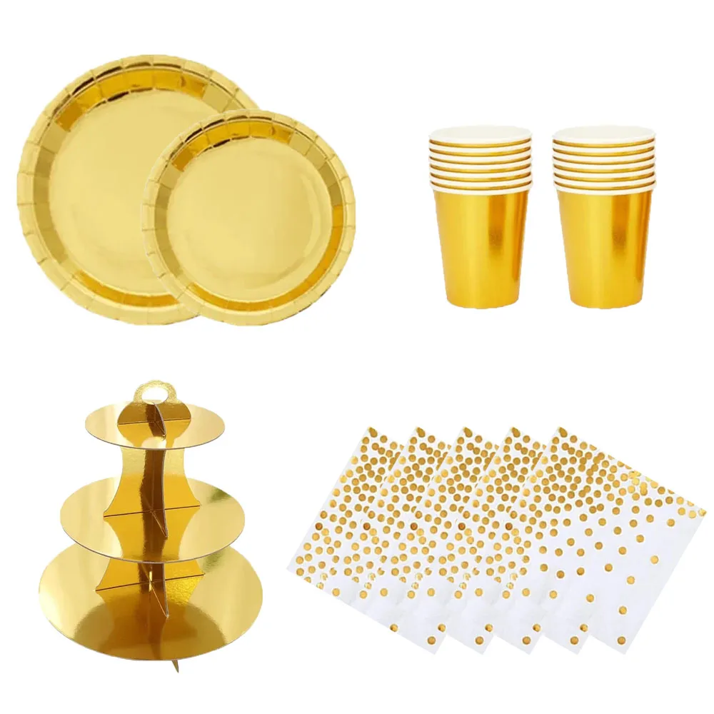 

New Gold Disposable Paper Plates Cups Straw napkins cakestand Tableware Sets for Adult Kids Birthday Party Supplies Gold Theme d