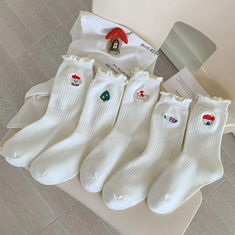 

Korean Style Cotton Socks for Women Autumn White Schoolgirl Crew Socks Seamless Mid Cute Embroidery