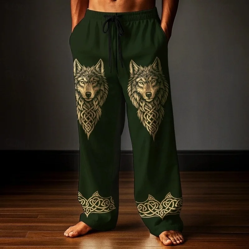 กางเกงลำลองผู้ชายลายไวกิ้งเซลติกแบบย้อนยุค ลายหมาป่า พิมพ์ลาย 3 มิติ กางเกงขายาวทรงตรง มีเชือกผูก เหมาะสำหรับใส่ไปเที่ยวทะเล ไซส์ S-5XL