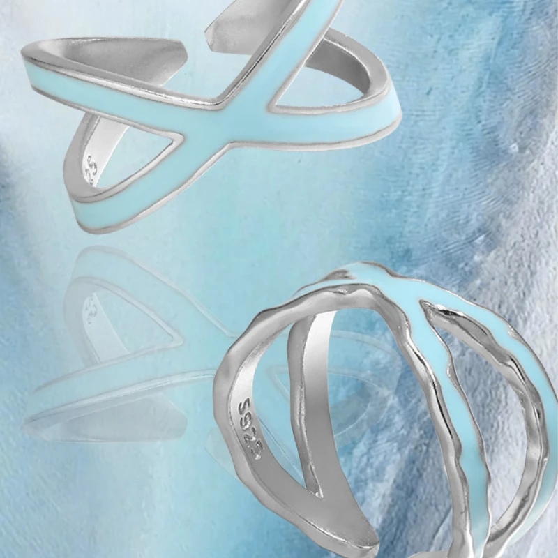 Hollow Double Layer Design Rings Blue Droplet Glaze Fashion Jewelry S925 Sterling Silver Resizable Ring for Women Party Gift805#