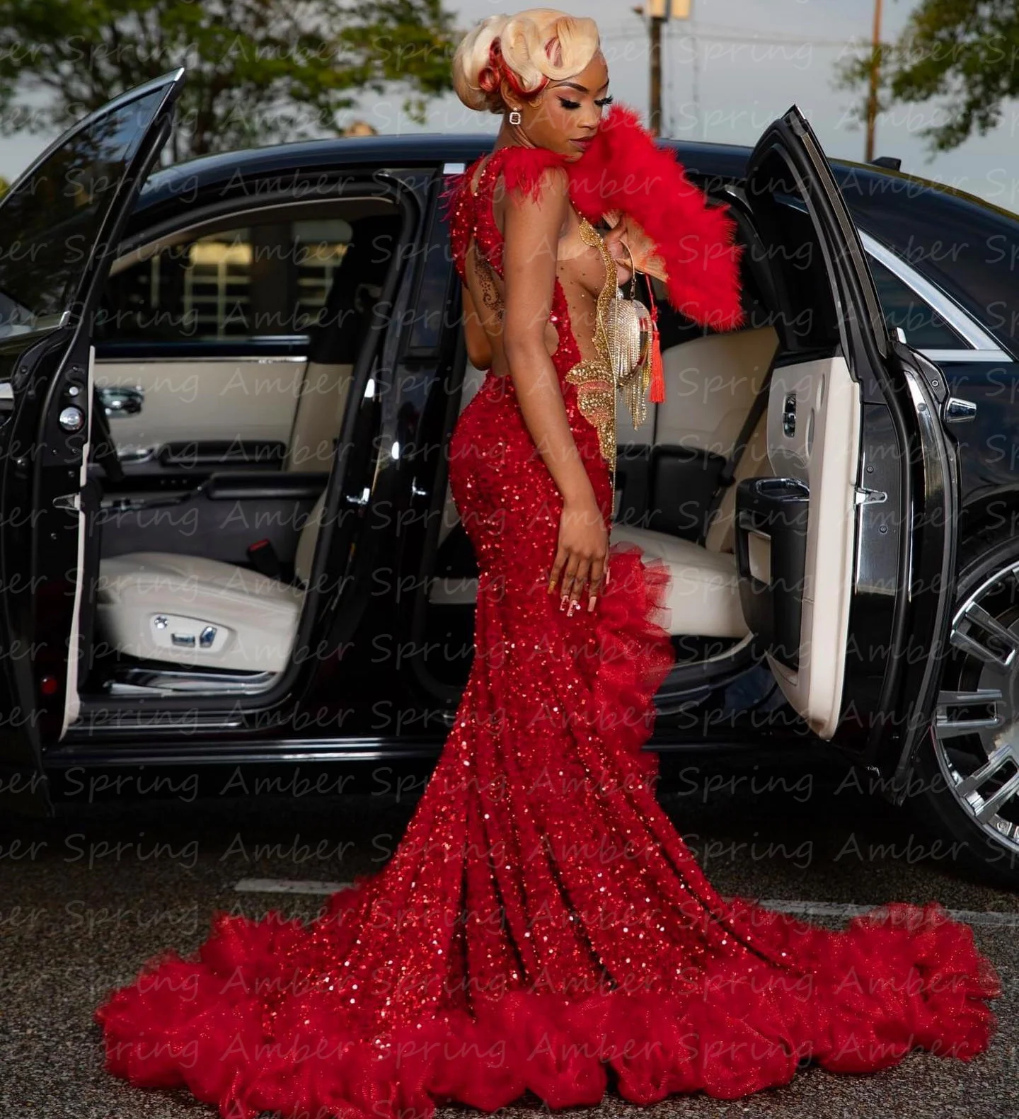 Luxury Rhinestones Red Prom Dresses Gold Crysatl Girl Formal Graduation Party Gowns Beads Tassels Birthday Maxi Robe Customized