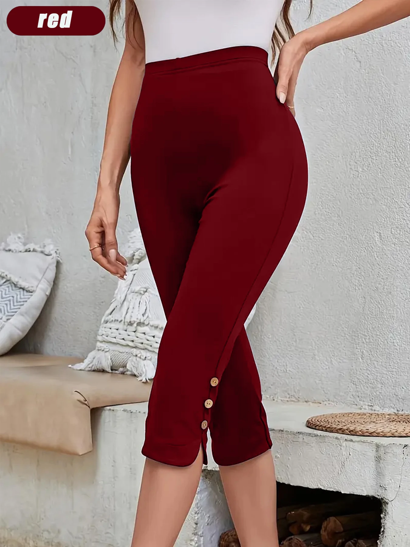 【3-pack capri-legging】 Damesbroek met hoge taille en knoopzoom, marineblauw+bordeaux+zwarte stretch slim-fit cropped broek, casual workou