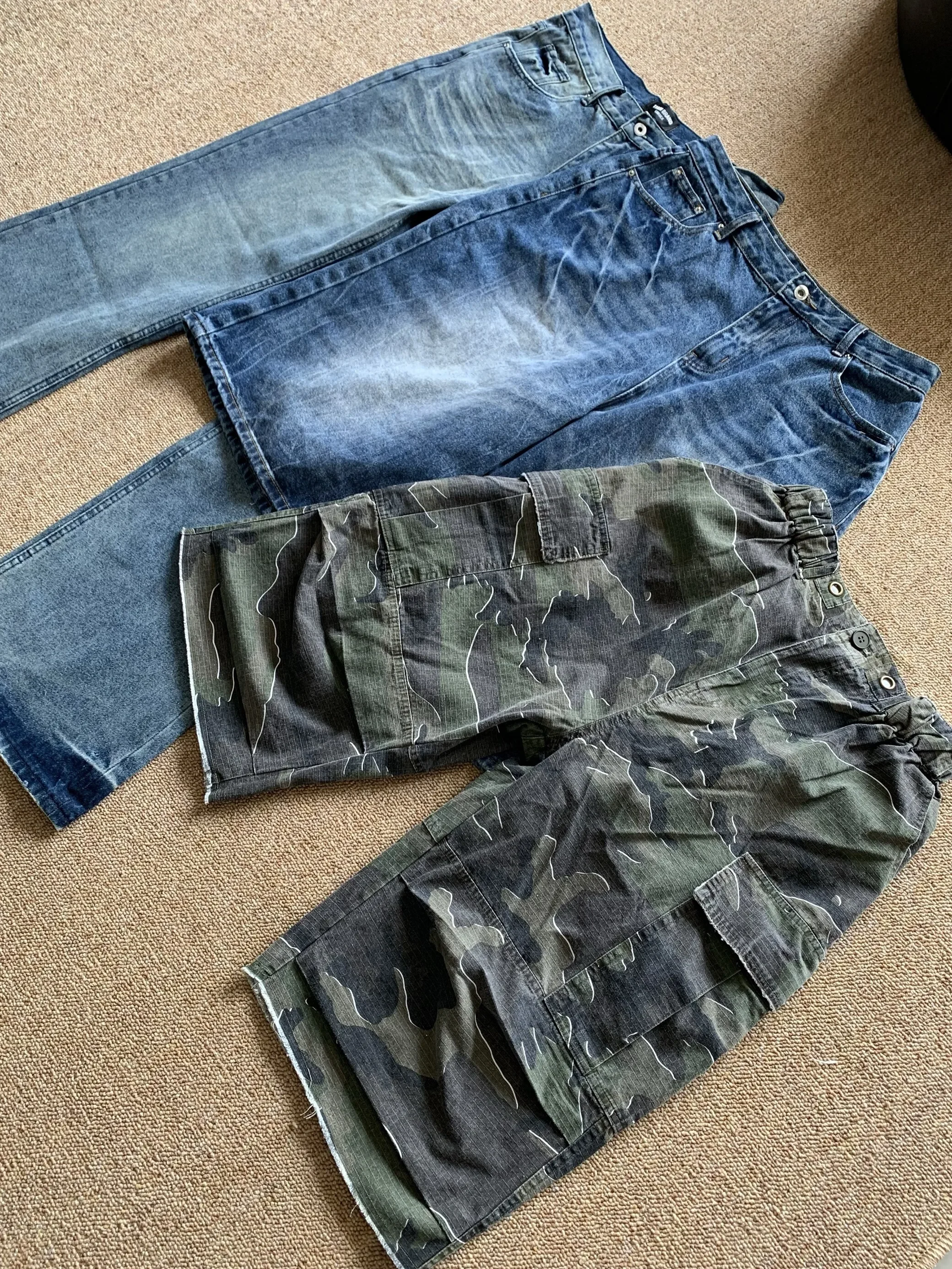 Retro Washed Distressed Camouflage Baggy Shorts Men\'s Street Hip Hop Camo Calf-Length Pants