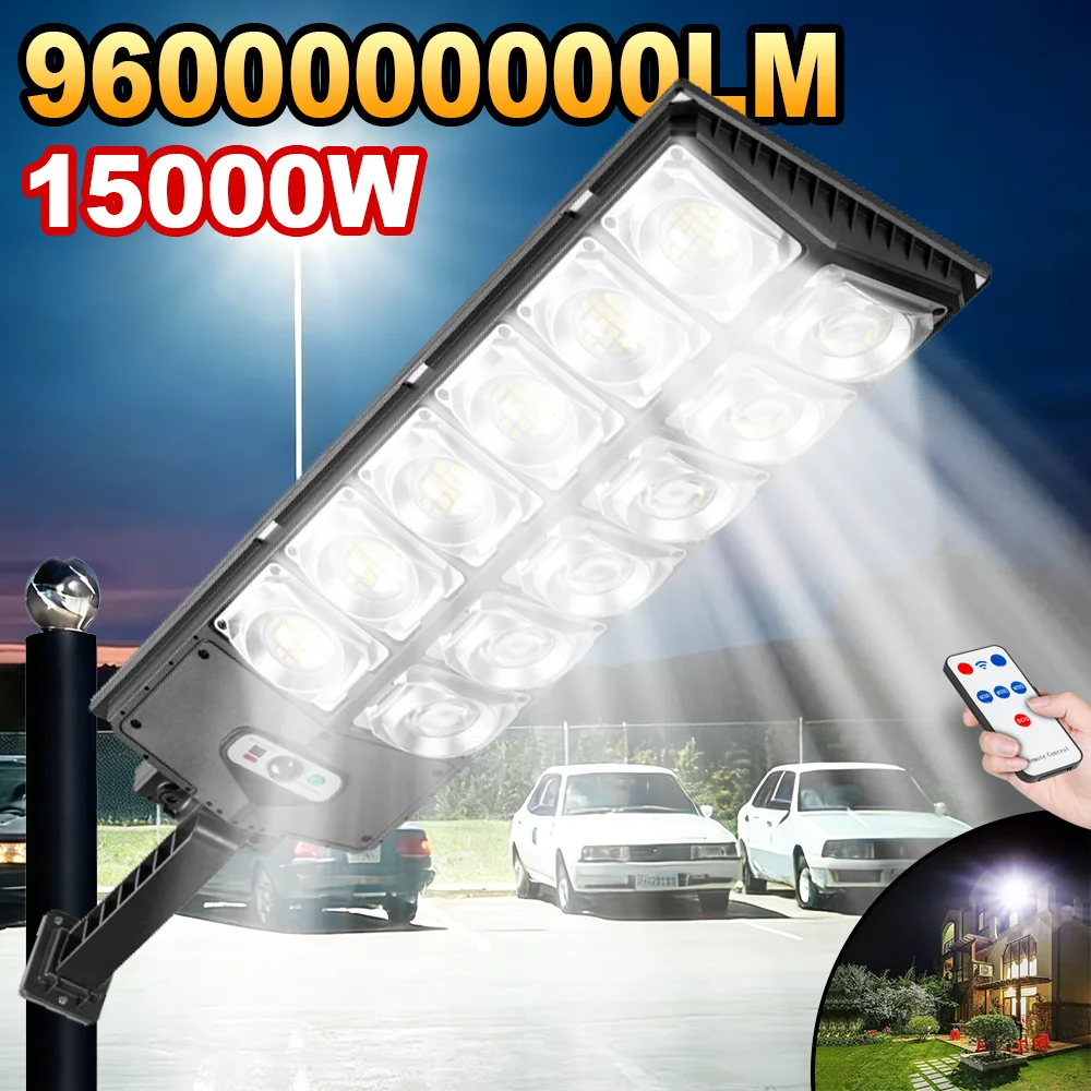 

Солнечные фонари 15000 Вт, самые мощные уличные светильники, ультраяркое освещение от заката до рассвета, солнечные лампы с супершироким радиусом действия для двора,лампа аккумуляторная светильник с датчиком движения.
