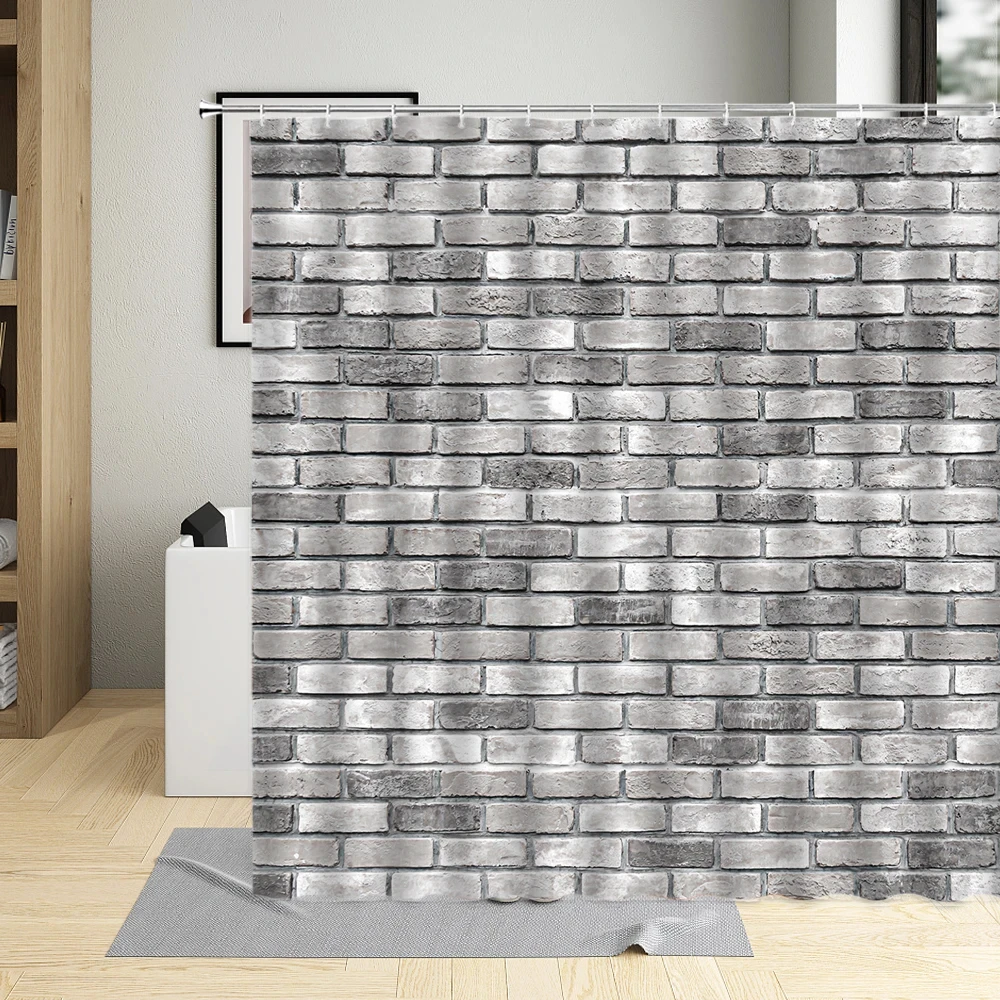 Stone Brick Wall Bathroom Shower Curtain Fabric Waterproof Garden Background Screens Decor Scree with 12 Hooks Bath Curtains