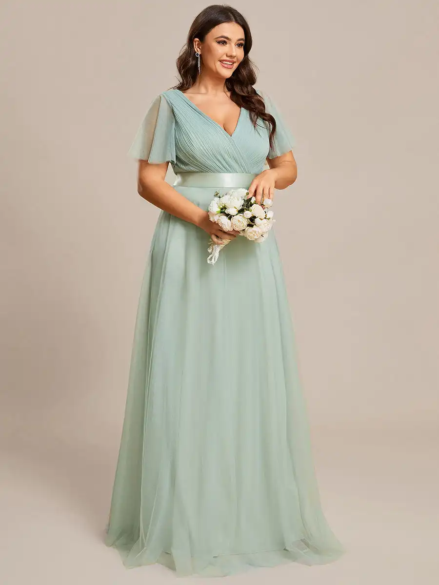 Plus Size Evening Dresses A-line V neck Lotus Leaf Sleeves Empire Chiffon 2024 ever pretty of Mint Gree Elegant Women Prom Dress