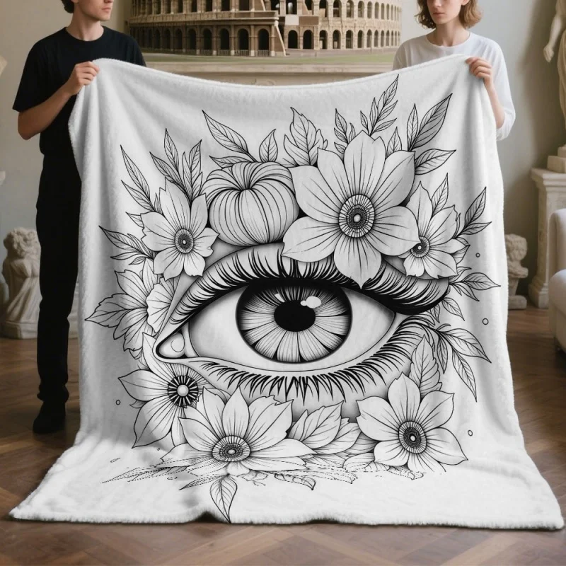 Black White Line Art Eye Daisy Floral Flannel Throw Blanket, Soft Light Cozy Blanket for Sofa Couch Bedroom Home Decor Gift