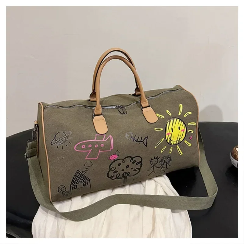 2024 Hot Selling Canvas Zipper Travel Bag Patchwork Large Capacity Casual Cute Shoulder Bag Soft Versatile Trendy Travel Duffels