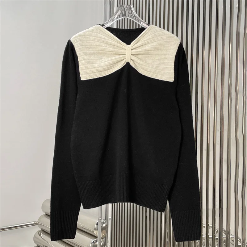 

Women's sweater 2026 Spring new elastic knitted slim fit long sleeved top Bow decoration round neck pullover wool blend Knitwear