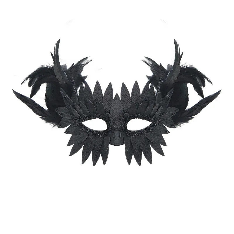 Piuma nera Becco di uccello Aquila Mezza maschera Cosplay Animale Bocca di uccello Maschere in pelle Puntelli per costumi da festa di carnevale di Halloween