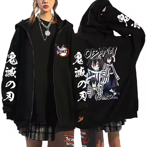 Harajuku Anime Demon Slayer Iguro Obanai Print Hooded Men Women Classic Zipper Hoodies Casual Loose Sweatshirt Unisex Zip Jakcet