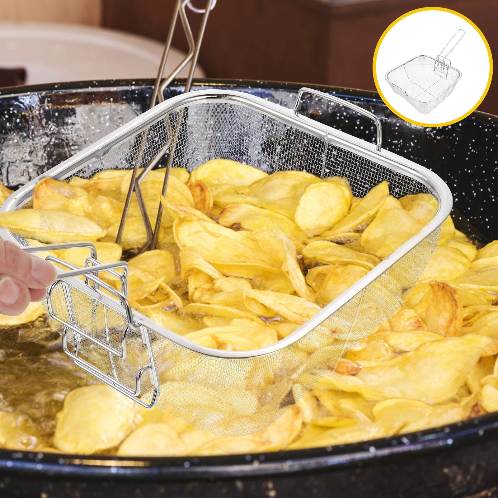 

1pc Square Frying Stainless Frying Basket Steel Foldable Kitchen Tool Oil Drain Strainer Food Cooking Food Fried Basket Pan