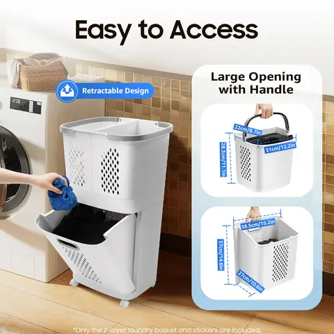 चल घरेलू कपड़े धोने की टोकरी, पहियों और हैंडल के साथ 2 स्तरीय कपड़े धोने की टोकरी सॉर्टर, बड़े हाथ से पकड़े कपड़े धोने की टोकरी भंडारण 6 best sales दीवार कपड़े धोने की टोकरी - №5