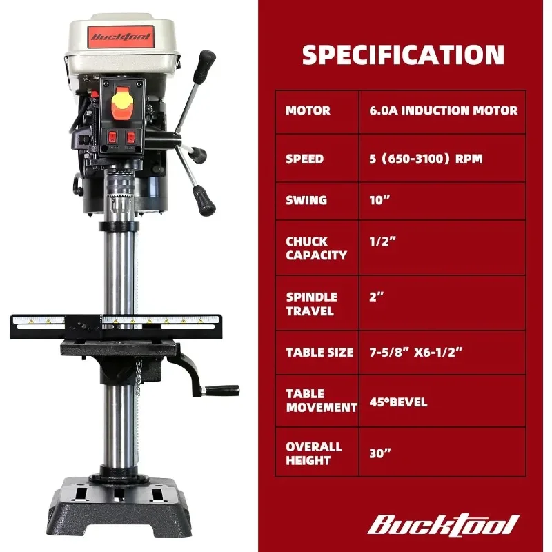 BUCKTOOL 10-Inch Drill Press 6.0 Amp 3/4 HP Bench Drill Press 5-Speed Benchtop Drilling Machine with LED Work Light