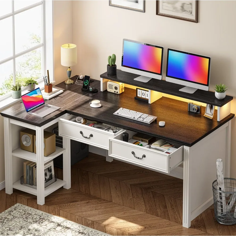 

55" L Shaped Farmhouse Desk with Drawers, Sturdy & Durable Computer Desk with Power Outlets & LED Lights