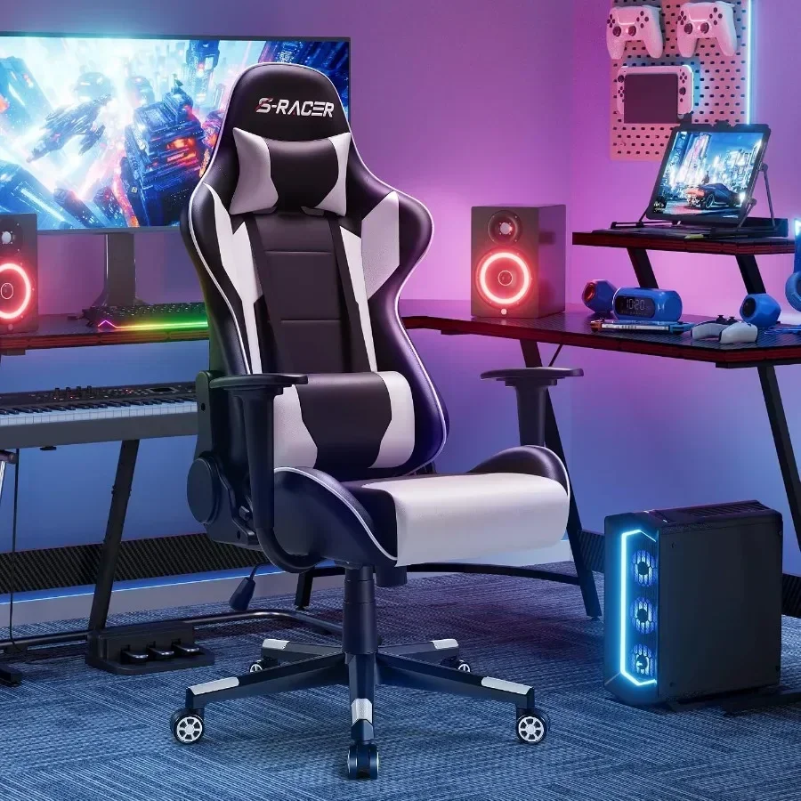 Gaming Chair for Office Use, PU Leather, White, High Back with Adjustable Swivel, Racing Style, Ergonomic Design with Headrest