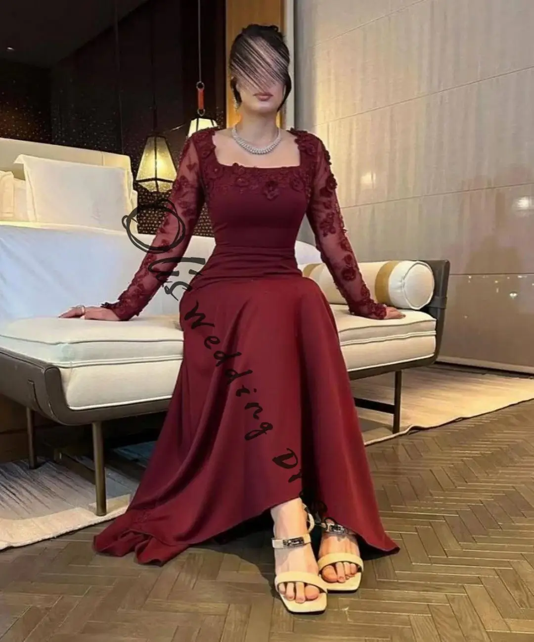 カスタムメイドのマーメイドロングスリーブスクエアネックプロムドレス、フロア丈パーティードレス、プリーツビーズレースイブニングドレス