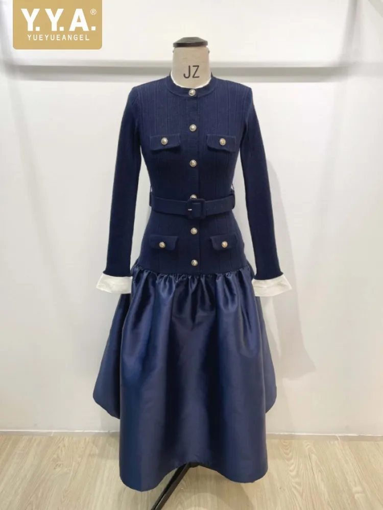 Büro Damen Elegante Designer Dunkelblau Slim Fit Mittlere Taille Herbst Winter Frauen Langarm O Neck Patchwork Lange Stil Kleider