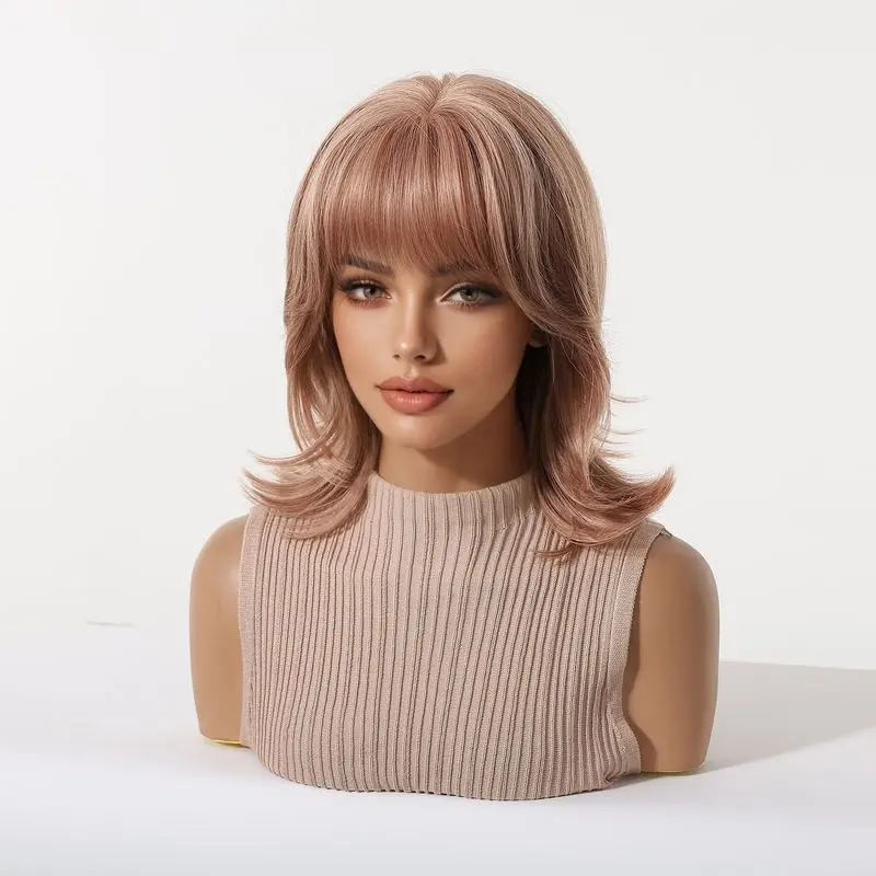 Women's wig with bangs, wolf tail curl, pink short hair, rose net cap, high-temperature fiber, fashionable - view 2